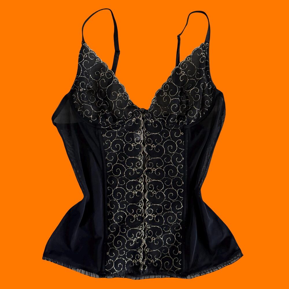 00's vintage black mesh gold lingerie y2k corset top M frederick's of hollywood